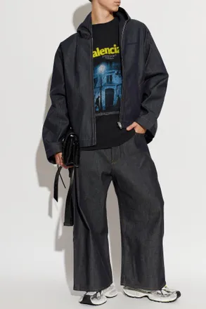 Balenciaga Denim Jacket With Hood, Mens, Navy Blue