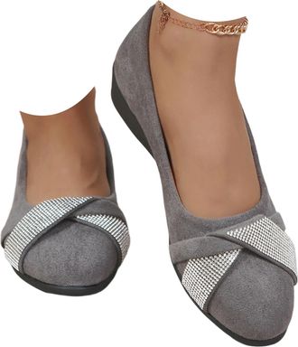 Generic Womens Lightweight Fashion Rhinestone Wedge Shoes, Comfortable Arch Support Wedge Slip-On Shoes Round Toe Low Heel Pump (Grey,5.5)