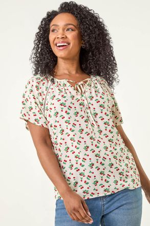 Roman Cherry Print Lace Trim Top