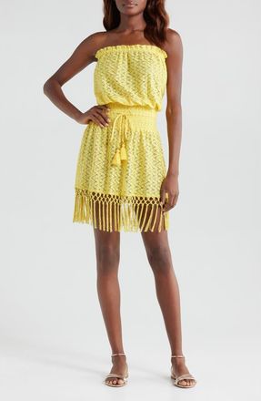 Ramy Brook Lauryn Strapless Fringe Hem Minidress in Lemon Drop Zig Zag at Nordstrom, Size Small