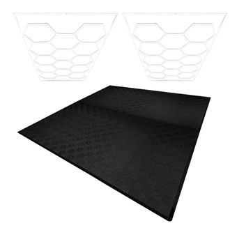 MonsterShop Hexagon LED Lights x 2 & Vented Garage Floor Tiles x 225 With Edges in Black