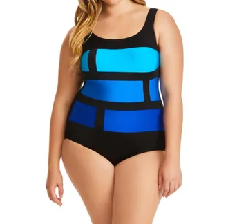 Longitude Color Block One Piece Swimsuit - Plus In Stained Glass Blue