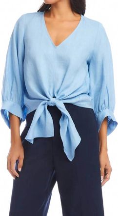 Karen Kane Blouson Sleeve Linen Tie Front Top In Blue