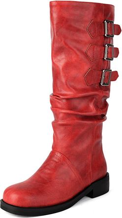Generic Womens Round Toe Casual Long Boots Low Block Heel Platform Boots with Buckle PU Leather Knee High Boot,Red,8.5 UK