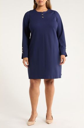 Tahari by ASL Bow Detail Long Sleeve Ponte Dress in Navy at Nordstrom, Size 14W