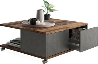 Calicosy Mesa de centro con ruedas y 2 cajones L70 cm - Efecto Roble Vintage