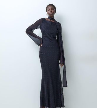 Asos Tall ASOS DESIGN Tall vestito maxi in chiffon con taglio sbieco e foulard abbinato con stampa a pois navy e rossi-Multicolore