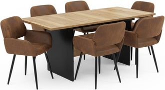 Urban Meuble Mesa de comedor extensible con efecto roble claro y 6 sillas marrones