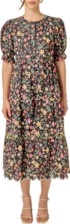 English Factory Scallop Edge Floral Print Midi Dress in Black at Nordstrom, Size X-Small