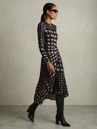 Reiss Black Houndstooth-print Ruched Midi Dress, S