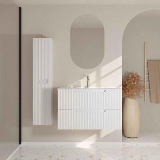 Aurlane Mueble De Ba&ntilde;o 80 Y Columna Leon Blanco - Frentes Ondulados - Lavabo Blanco