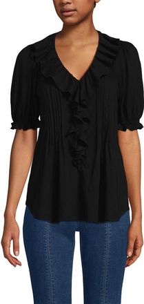 Lands End Puff Sleeve Slub Ruffle Pintuck Top in Black at Nordstrom, Size X-Small