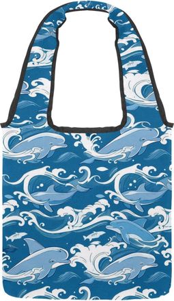 Generic Blue Wave Dolphin Pattern Reversible Canvas Shoulder Tote - Double-Sided Print, 12oz Cotton, 27cm Drop, Fold-Flat Bag for Travel, Shopping, Street Out