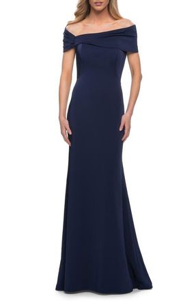 La Femme Simply Chic Off the Shoulder Jersey Gown in Navy at Nordstrom, Size 18