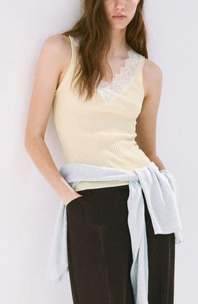 Mango Lace Trim Lyocell Tank in Pastel Yellow at Nordstrom, Size X-Small