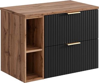 Vente-Unique Mueble suspendido estriado para lavabo y estantes - Negro y natural claro - L80 cm - ZEVARA