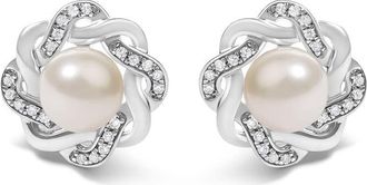 House of Brilliance Sterling Silver Pearl and 1/10 Cttw Diamond Floral Twist Stud Earrings