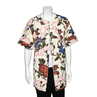 M Missoni Cream Watercolor Floral Printed Canvas Hook Front Long Jacket
