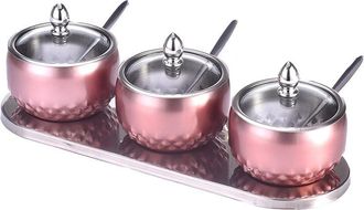 OEM Juego De Botes De Especias De Acero Inoxidable Con Bandeja Y Cuchara, Estilo Europeo, Botes De Almacenamiento De Condimentos Pr&aacute;cticos Y Elegantes Par