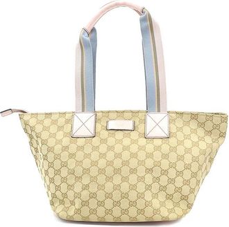 Gucci Beige Blue Pink Gg Canvas Leather Shoulder Bag Tote Bag (Pre-Owned)