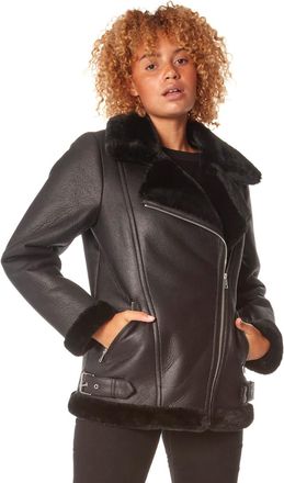 Roman Womens Faux Fur Lined Zip Detail Aviator Jacket - Black - Size 14 UK