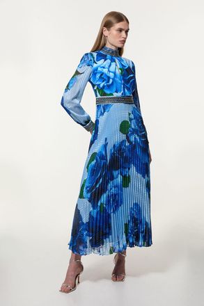 Karen Millen Womens Diamante Trim Delicate Rose Woven Maxi Dress - Blue - Size 8 UK