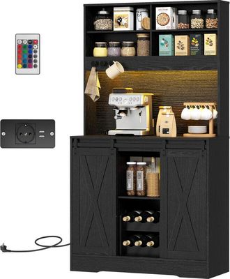 HOMCOM Mobile Cucina con Portabottiglie, Prese di Ricarica e Luci led Nero - Homcom