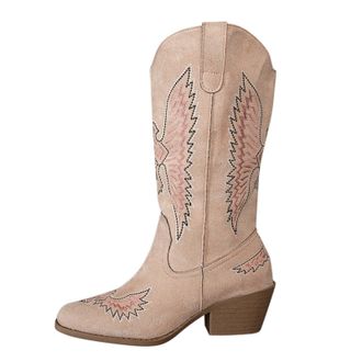 Generic Ankle Boots for Women,Mid Calf Cowgirl Chunky Low Heel Womens Cowboy Boot Embroidery Stitched Western Shoes for Party and Dress Up Point Toe Shoes Bla