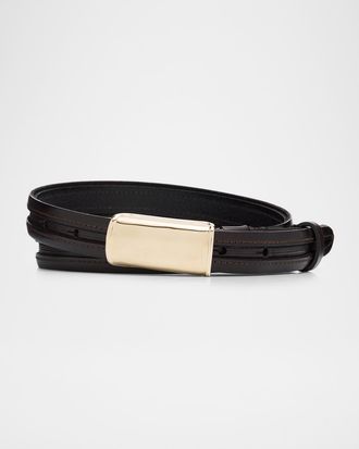 Brunello Cucinelli Men & apos;s Leather Belt with Box-Frame Buckle