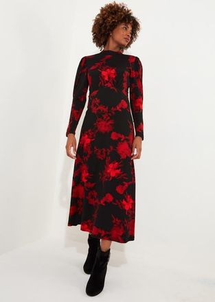 Joe Browns Stretch Knit Mockneck Maxi Dress in Red Bloom Floral at Nordstrom, Size Large