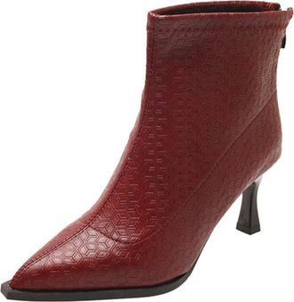 Generic Wine Women Wine Pointed Toe Ankle Boots Back Zipper High Heel Pattern Detail for Winter Wear