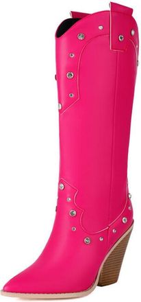 Generic Womens High Heeled Knee High Boots Pointed Toe PU Leather Western Cowboy Boots with Rhinestone Pull on Long Boot,Fuchsia,3.5 UK