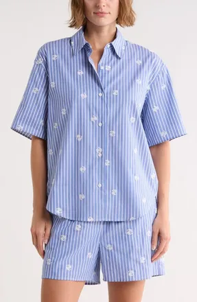Rag & Bone Ella Oversize Embroidered Short Sleeve Button-Up Shirt in Blue Multi at Nordstrom Rack, Size X-Small