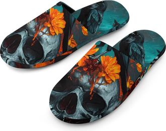 Generic Black Raven On Floral Skull Cotton Slippers for Men Memory Foam House Slippers Soft Anti-skid Sole Indoor Outdoor Shoes