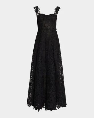Oscar De La Renta Sleeveless Foxglove Lace Sweetheart-Neck Gown