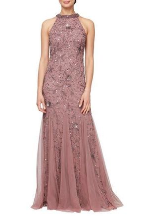 Alex Evenings Beaded Halter Neck Gown in Cafe at Nordstrom Rack, Size 8