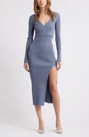 Open Edit Luxe Long Sleeve Sculpt Rib Faux-Wrap Dress in Grey Folkstone at Nordstrom Rack, Size Xx-Large