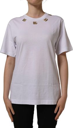 Dolce & Gabbana Womens White Cotton Gold Dg Logo Crew Neck T-Shirt