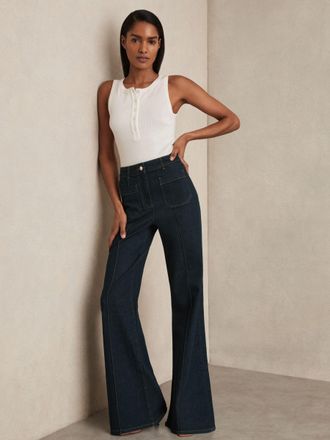 Reiss Dark Blue Patch-pocket Flared Jeans, 27L