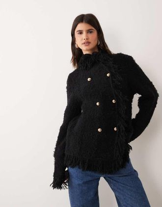 Asos cardigan testurizzato con frange doppiopetto nero