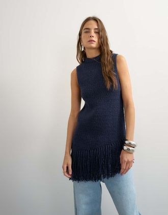 Topshop tunica lavorata a maglia asimmetrica con frange navy-blu navy