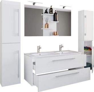 ebuy24 VCM 5pcs Fregadero doble 2x lavabo juego de muebles de ba&ntilde;o con gabinete inferior, lavabo, 2x gabinete alto y espejo lavabo doble conjunto completo