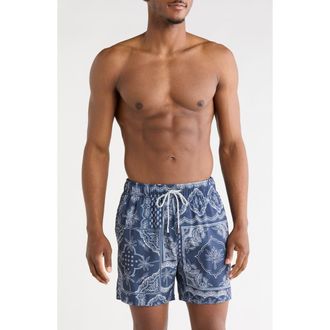 Vintage Summer Swimwear Palm Bandana Print 4 Way Stretch Volley Swim Trunks in Navy at Nordstrom Rack, Size Xx-Large