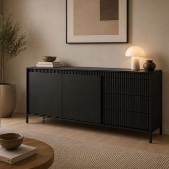 Dmora Aparador Hatomo, Mueble Con 3 Cajones, 2 Estantes, Puertas Abatibles Y Correderas, 154x40x81h Cm Beige