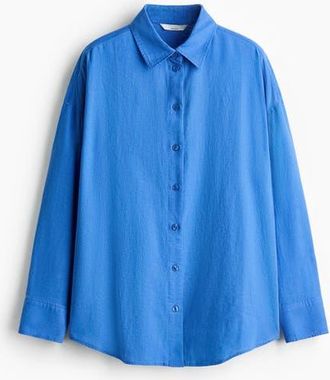H&M Oversized Linen-blend Shirt in Blue at Nordstrom, Size Xx-Small