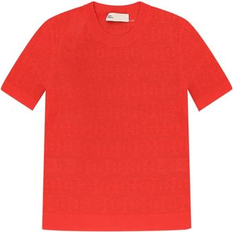Tory Burch Ribgebreide Crewneck T-Monogram T-shirt met korte mouwen - Dames - T-shirts - Rood - XS - Polyester - Tops
