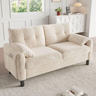 Merax 2-Seater Chenille Sofa with Pillow-Style Armrests & Side Pockets in Beige
