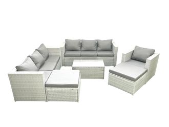 Fimous Wicker PE Rattan Sofa Garden Furniture Set with Armchair Oblong Coffee Table 2 Big Footstools Light Grey Mixed