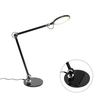 QAZQA Moderno L&aacute;mpara De Mesa De Dise&ntilde;o Negra Con Led, T&aacute;ctil Y Cargador Por Inducci&oacute;n - Don Pl&aacute;stico Alargada Incluye Led Max. 1 X 10 Watt - Qazqa