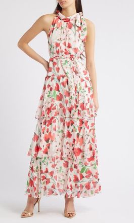 Julia Jordan Floral Sleeveless Tiered Maxi Dress in Ivory Multi at Nordstrom, Size 10